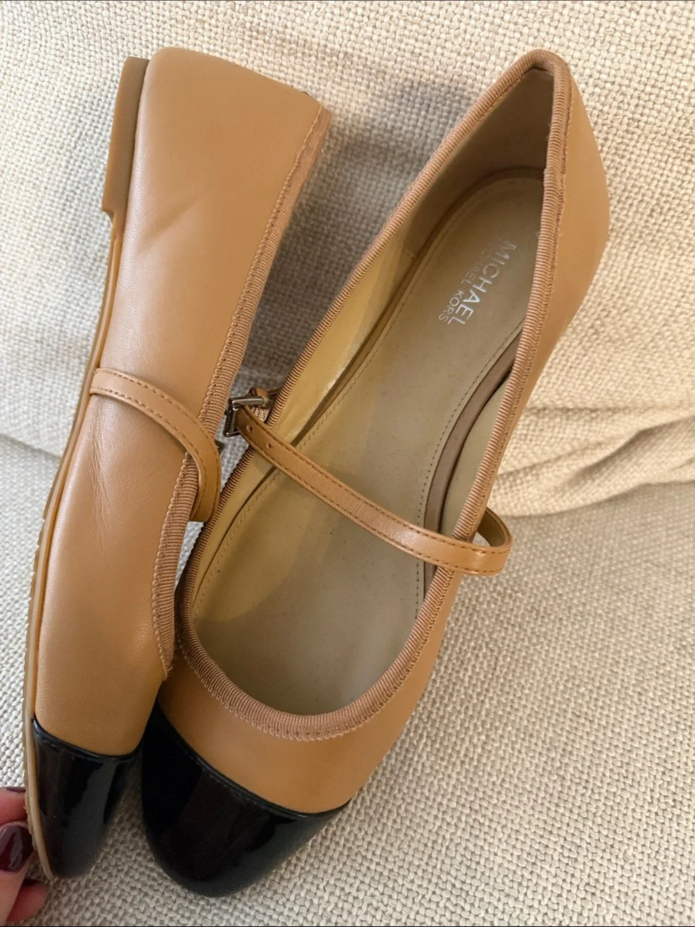 Michael Kors Tan Leather Mary Jane Flats with Black Patent Cap Toe
